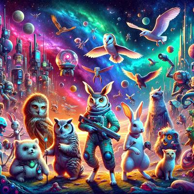 The primary subject of the image is a group of anthropomorphic animals, including a bunny, a cat, and a dog, standing together in a colorful and vibrant scene. The setting is a space-themed environment, with a backdrop of a colorful sky and various celestial objects such as planets and stars. The visual style is a digital art or illustration, with a vivid and lively atmosphere. The colors and mood of the image are predominantly bright and cheerful, with